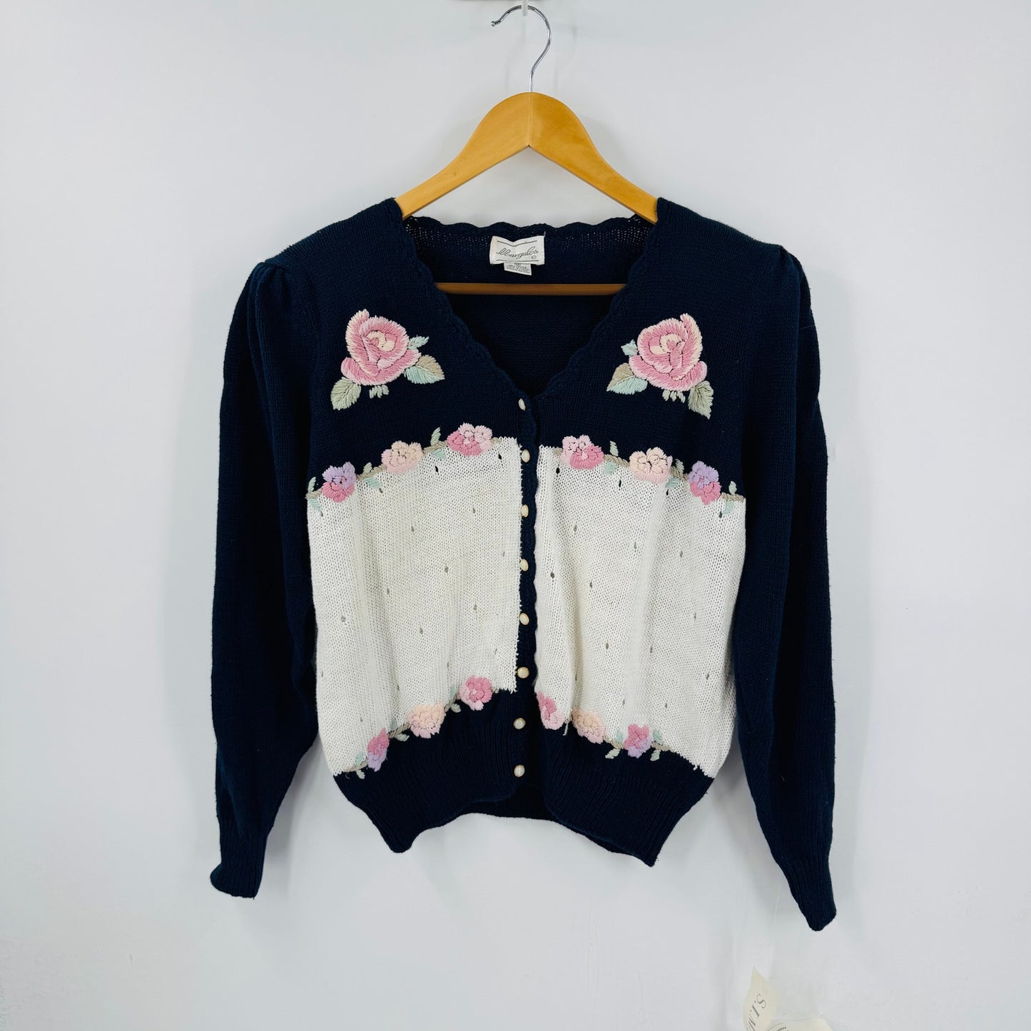 Vintage Floral Embroidered Cardigan Navy & Cream Deadstock Women’s L Cottage