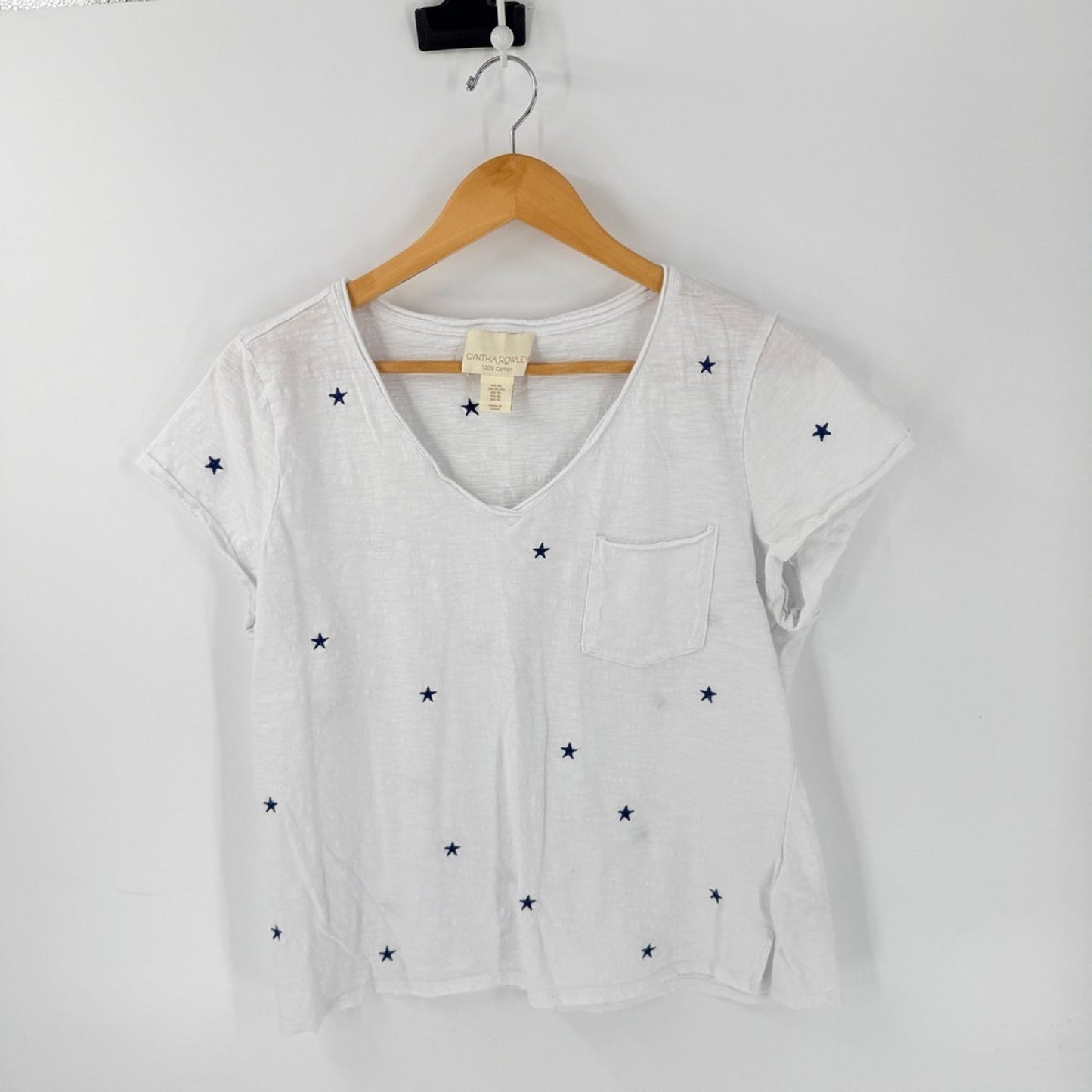 Cynthia Rowley Embroidered Star Print Pocket Tee White XL Patriotic Coastal