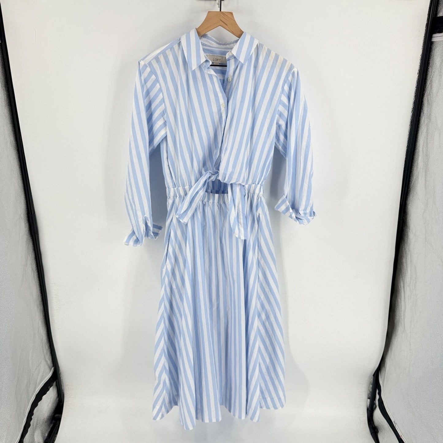 LOFT Powder Blue White Striped Shirt Midi Dress Open Front Size 4 Coastal Preppy
