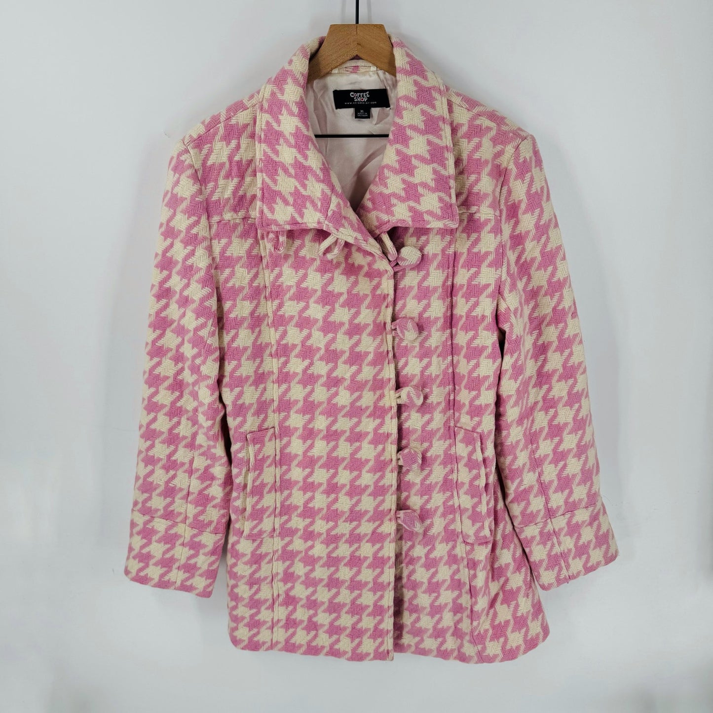 Coffee Shop Pink Cream Houndstooth Wool Blend Coat Off Center Buttons Size XL
