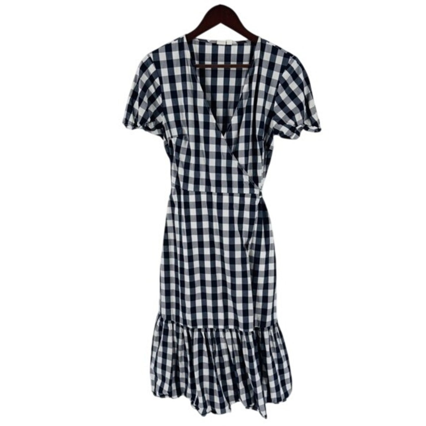 GAP Gingham Wrap Midi Dress Ruffle Hem Cotton Navy Blue White Gingham Size M