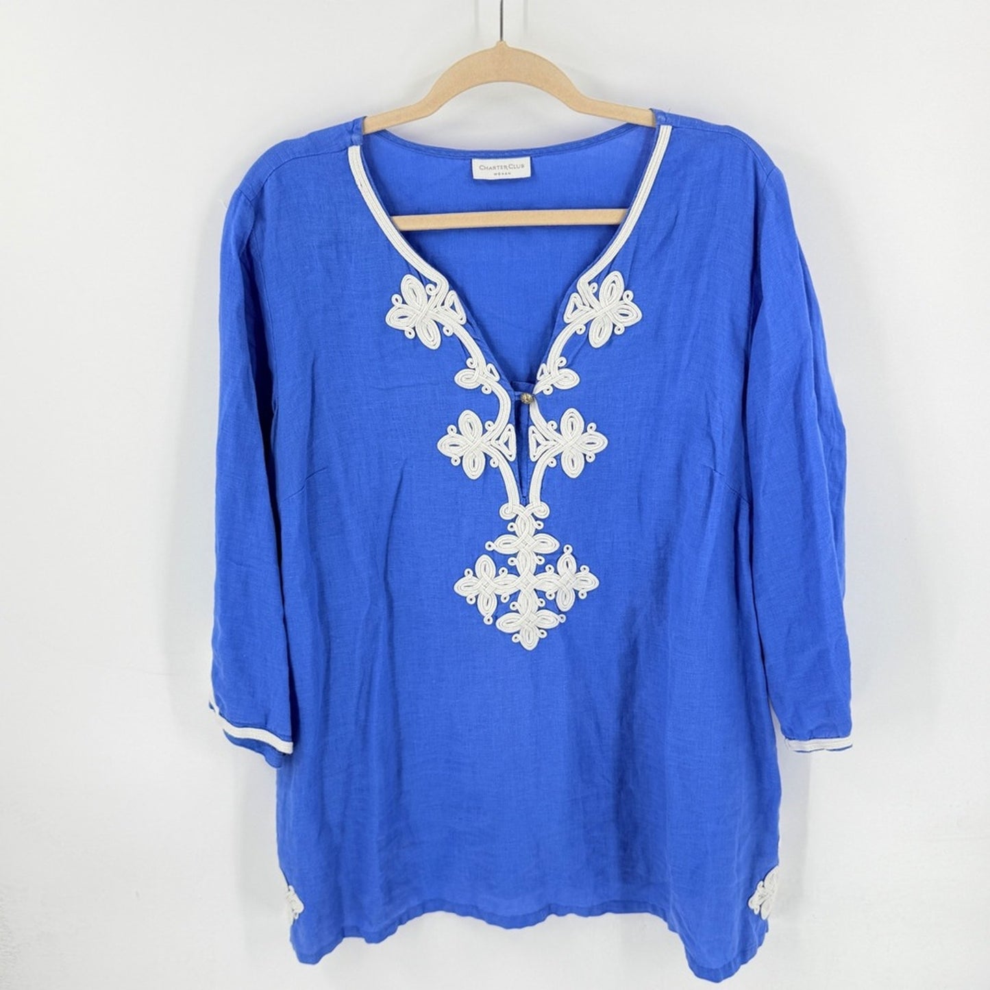 Charter Club Tunic Blue Plus Size 1X Embroidered V-Neck Coastal Boho Cover-Up