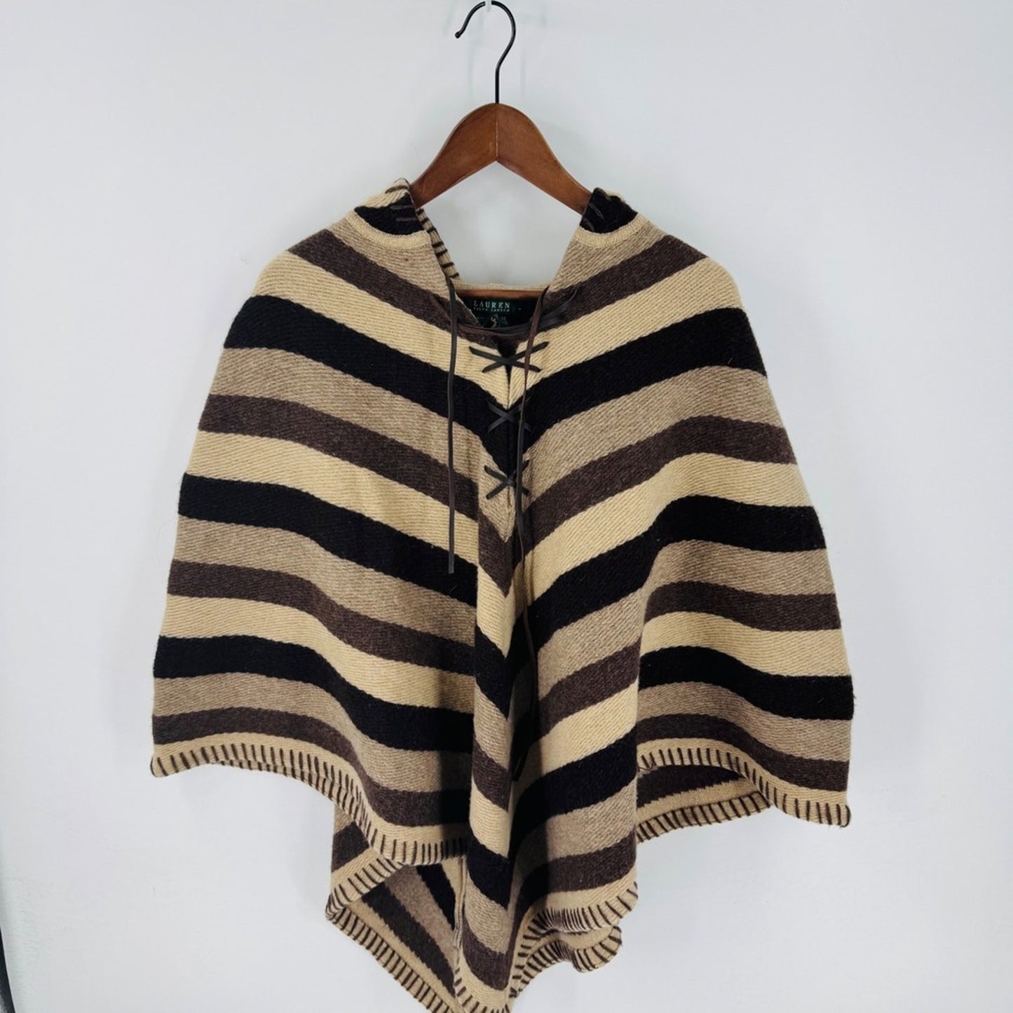 Lauren Ralph Lauren Brown Striped Poncho Wool Leather Lacing One Size Western