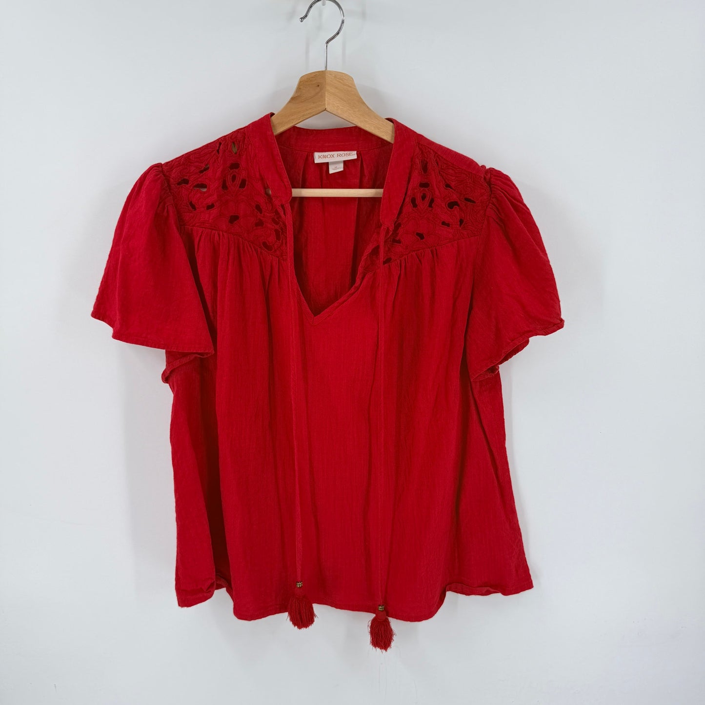 Knox Rose Embroidered Tassel Top Red Medium Boho Coastal Americana