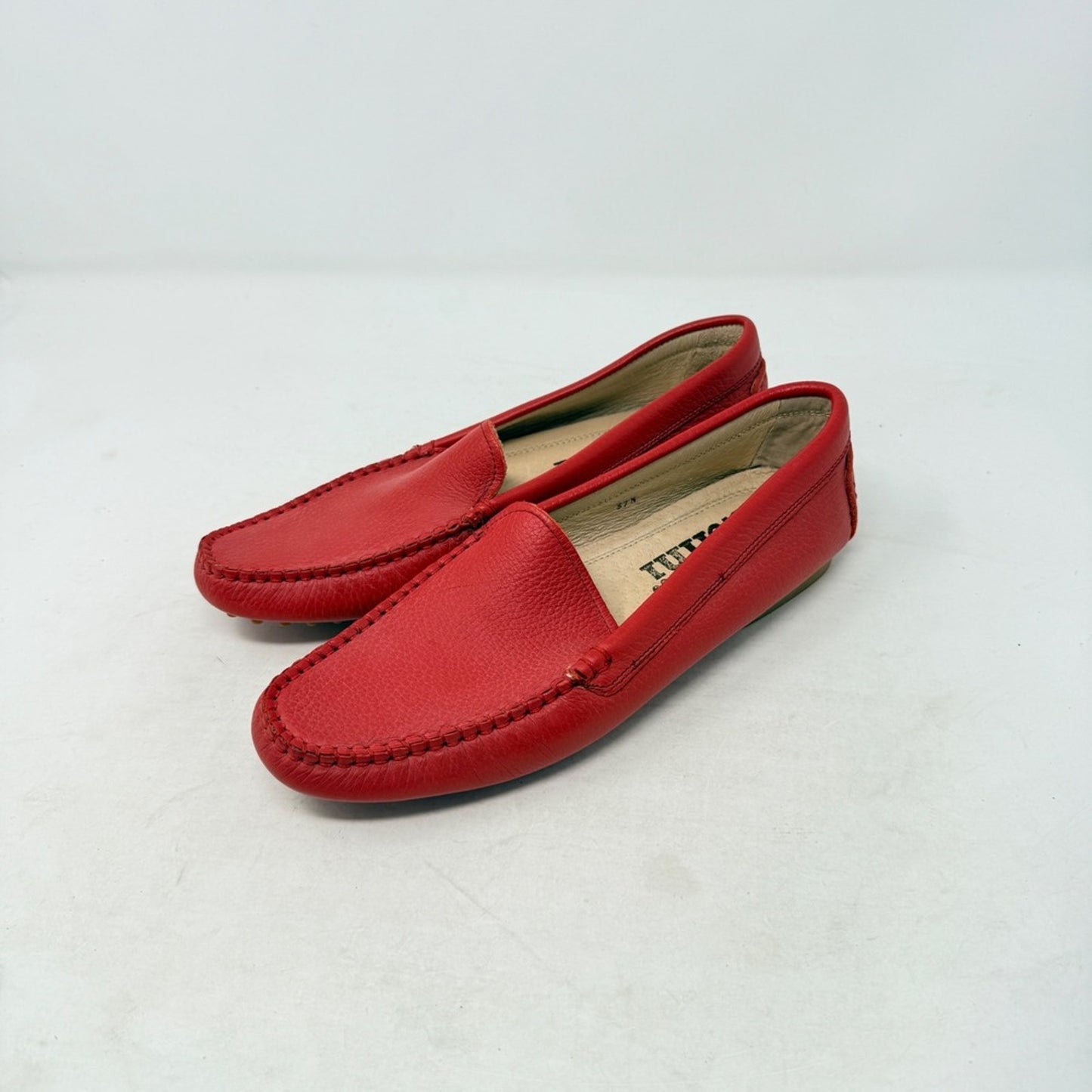 Celini Red Pebbled Leather Driving Loafers Slip On Moc Toe Shoes EU 37.5