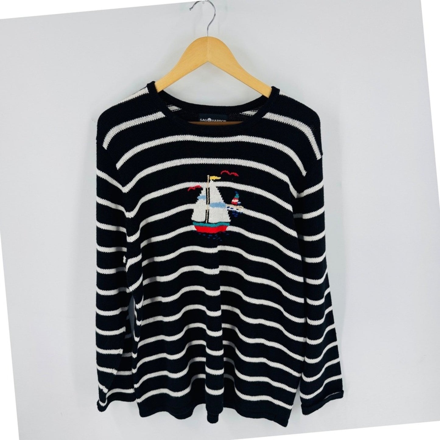 Vintage Embroidered Striped Sailboat Sweater Black Size 1X Nautical Coastal