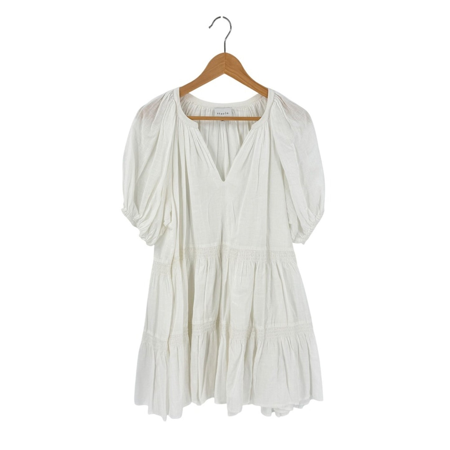 Anthropologie Steele Tiered White Mini Dress Medium Puff Sleeve Smocked Prairie