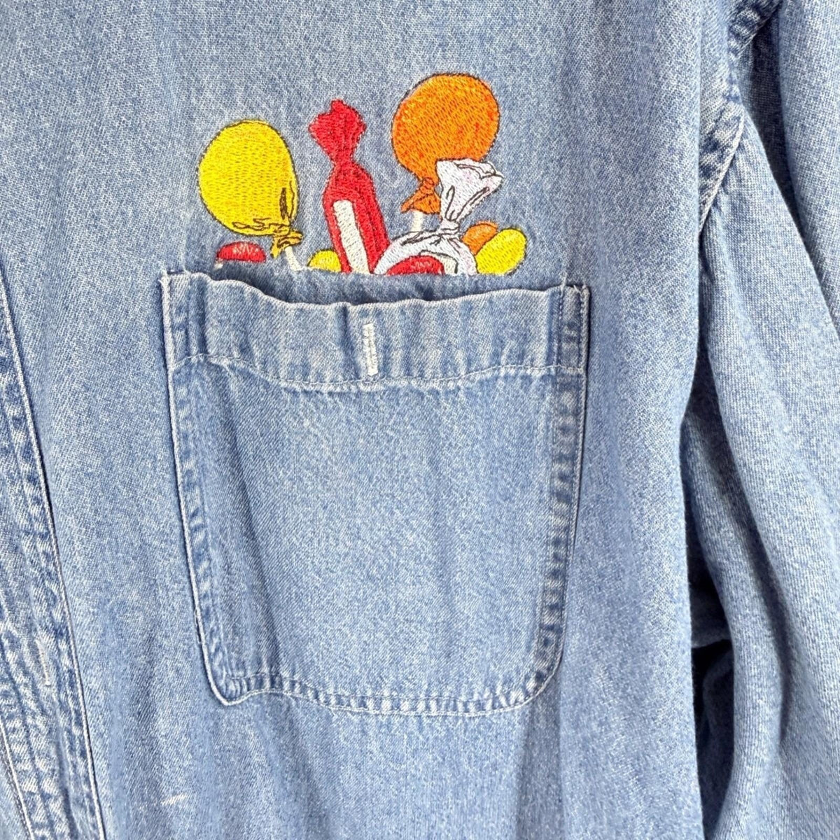 Vintage 90s Haggar Denim Shirt Embroidered Candy Chambray Blue XL Halloween