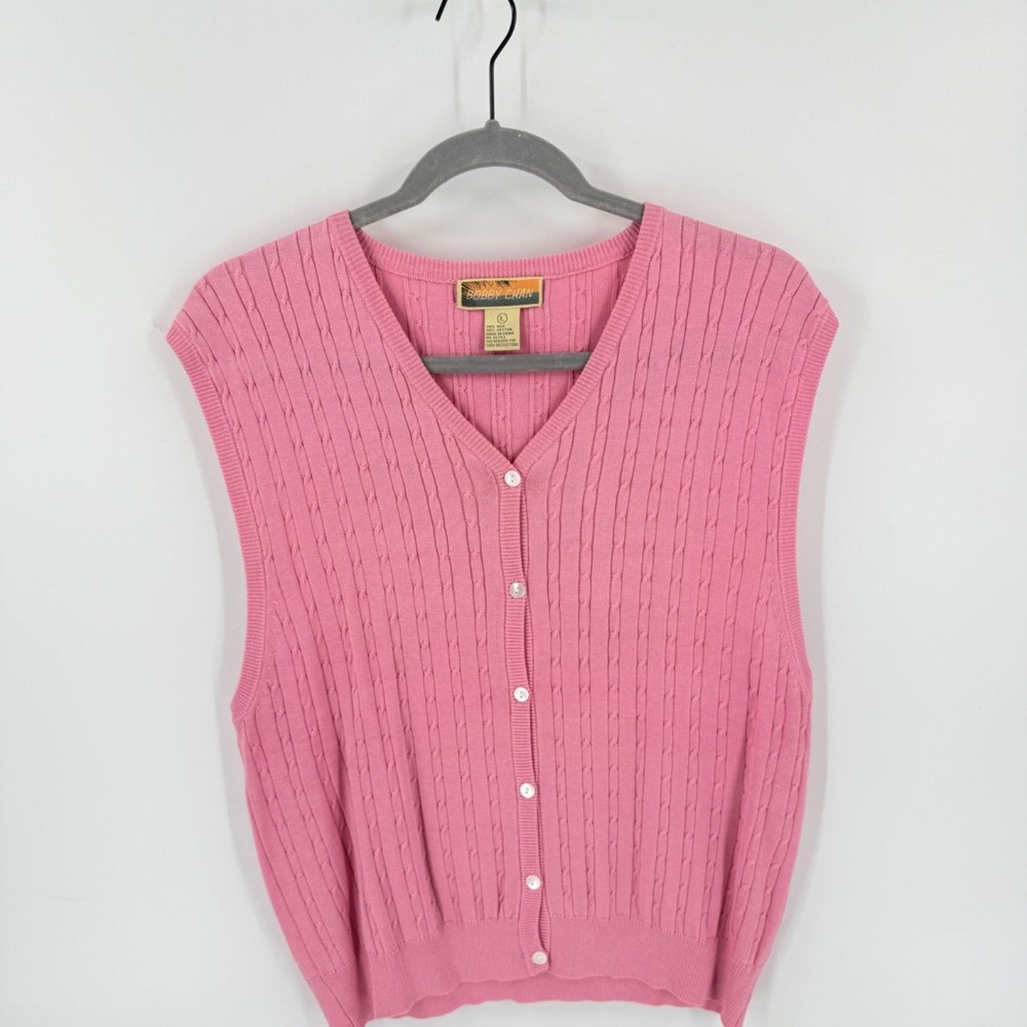 Vintage Pink Silk Blend Bobby Chan Sweater Vest Large Cable Knit Preppy Coastal