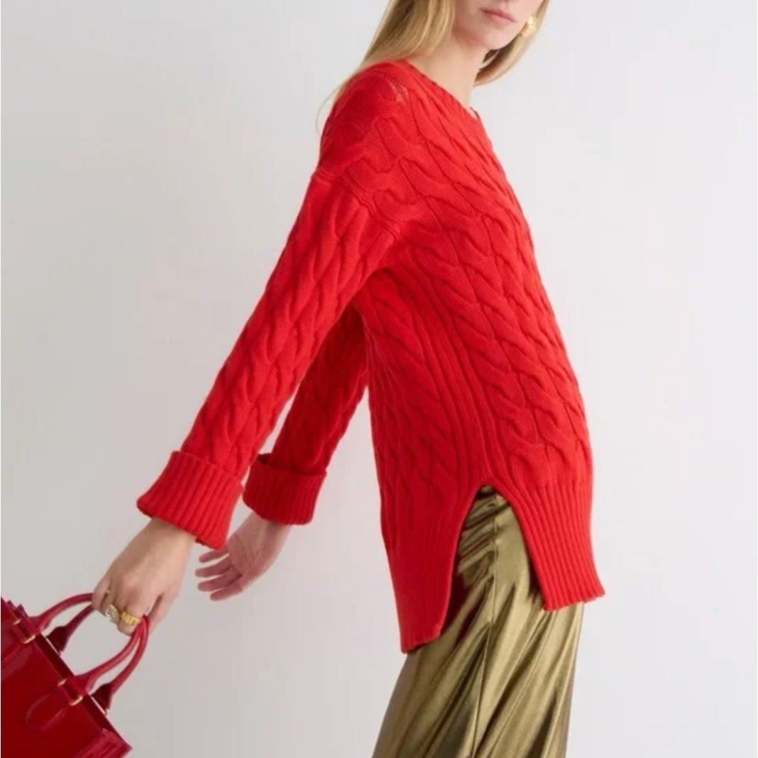 J.Crew Red Cotton Cable Knit Heavy Sweater Size L-XL Side Slit Crewneck Classic