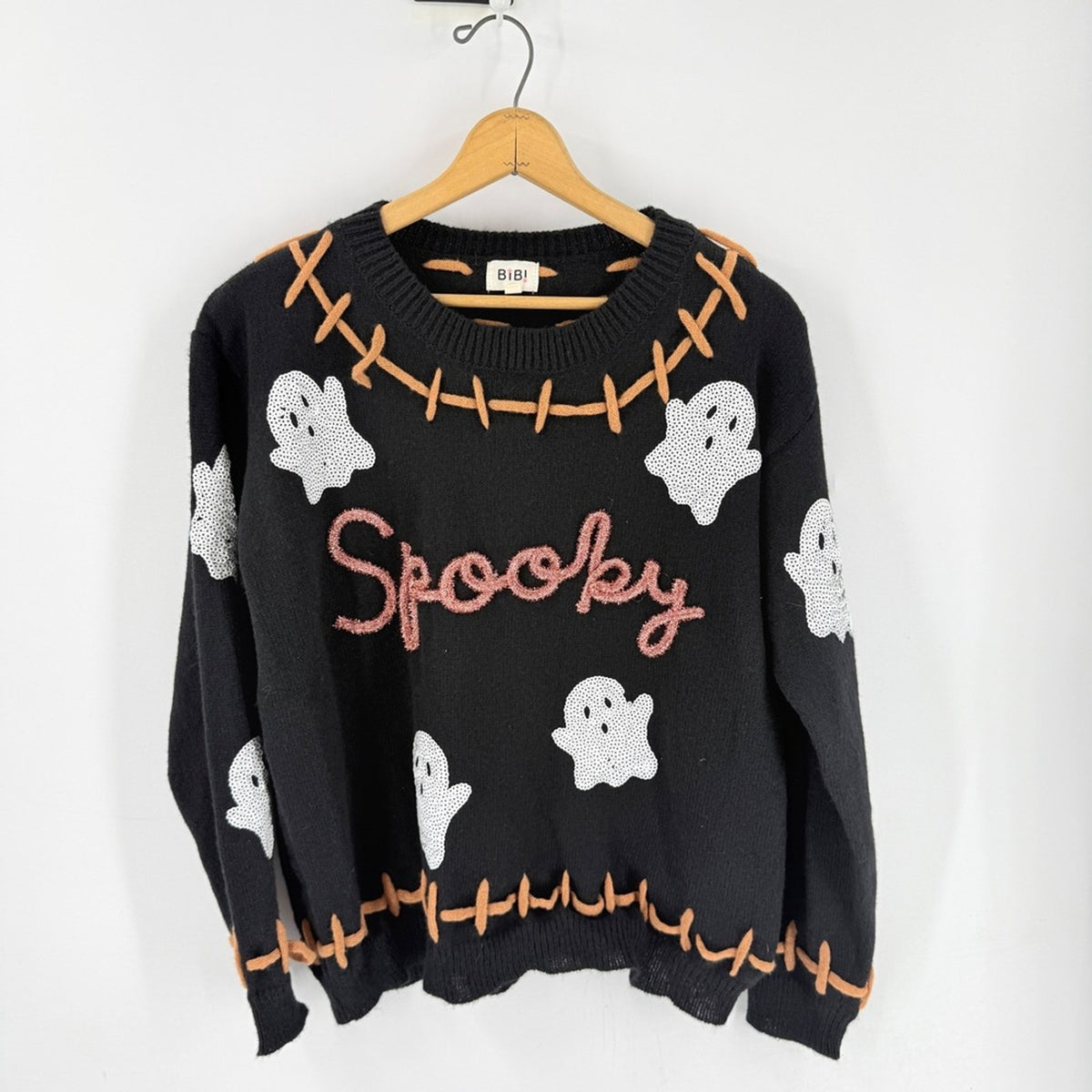 Boutique Bibi Ghost Sequin Sweater Black XL Halloween Spooky Festive Novelty