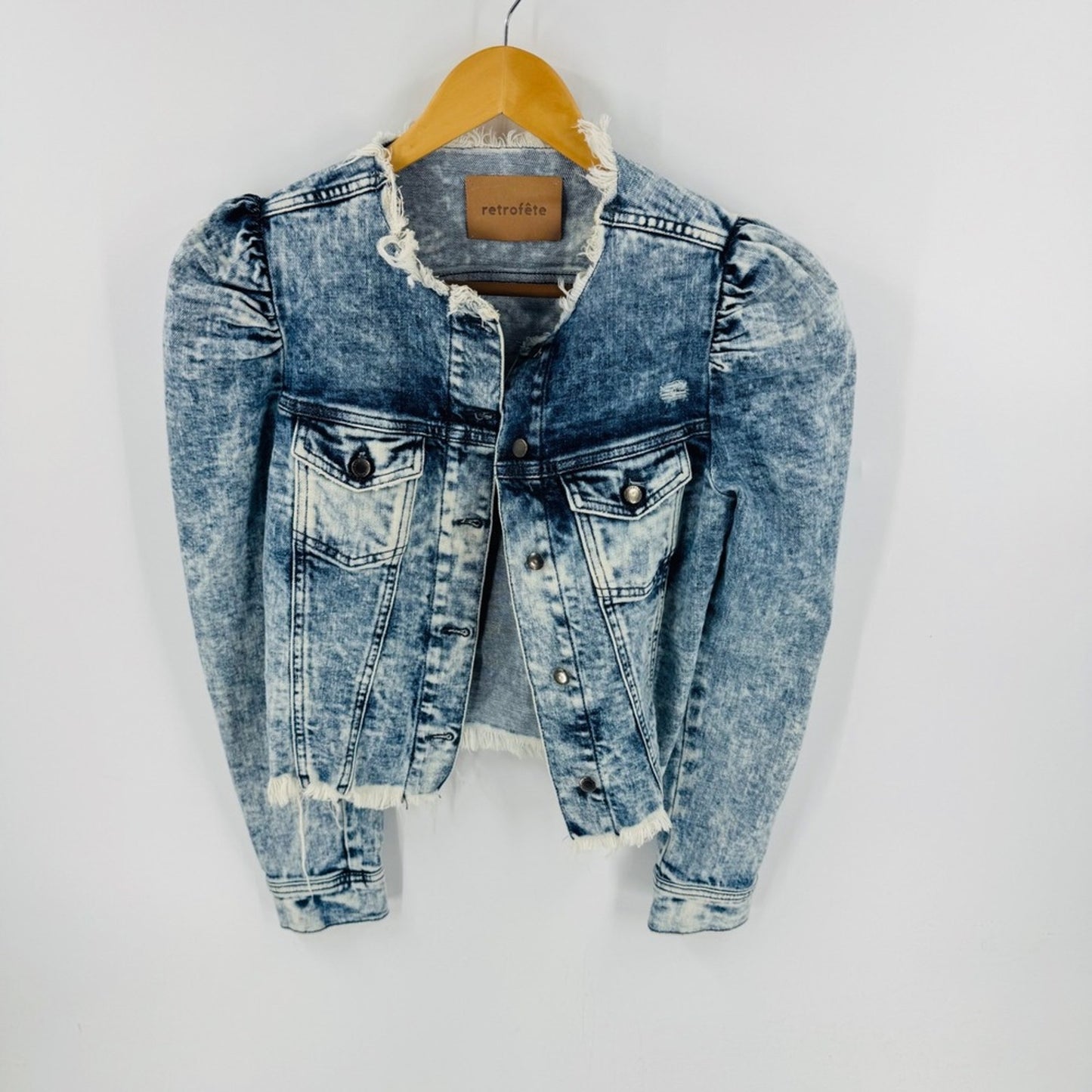 Retrofête Acid Wash Denim Jacket Puff Sleeve Frayed Collar Cuff Cropped Size S