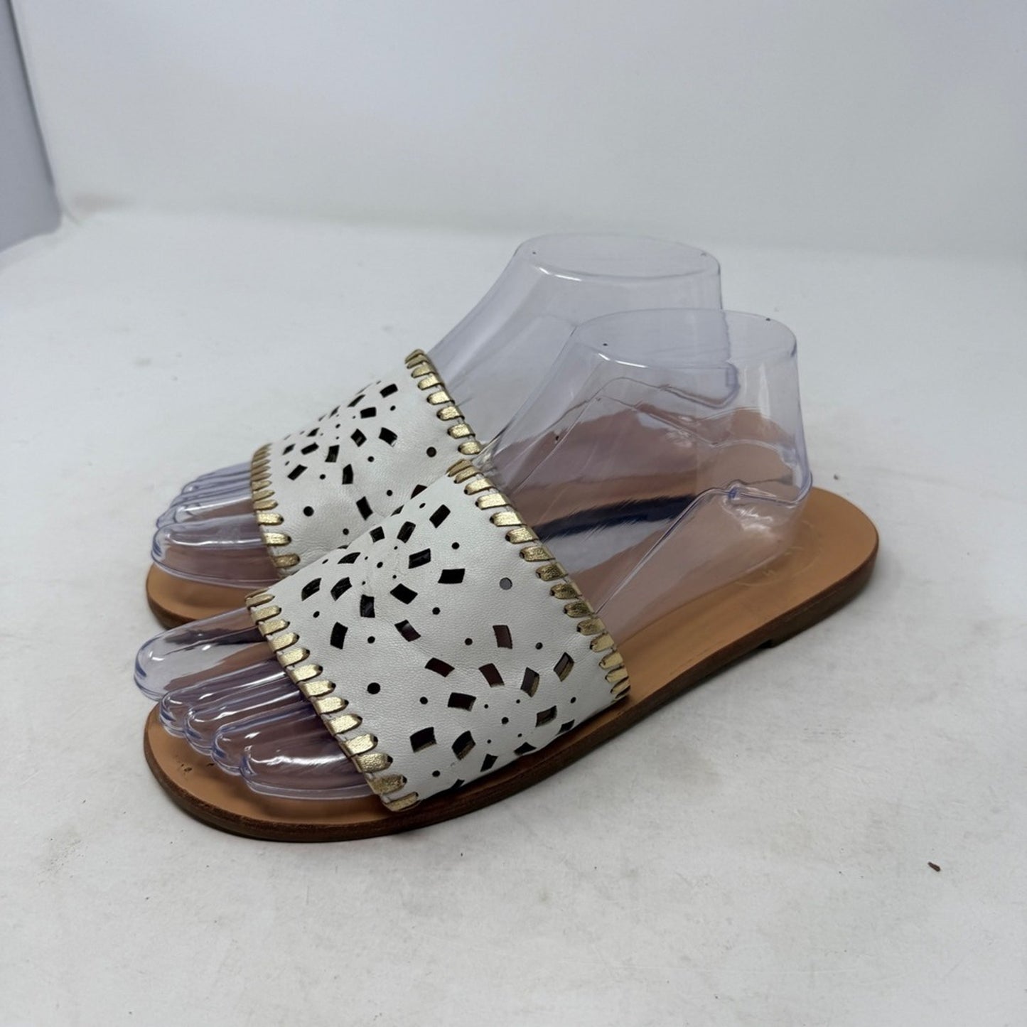 Jack Rogers Slip On Sandals White Gold Whipstitch Flats Size 8 Preppy Coastal
