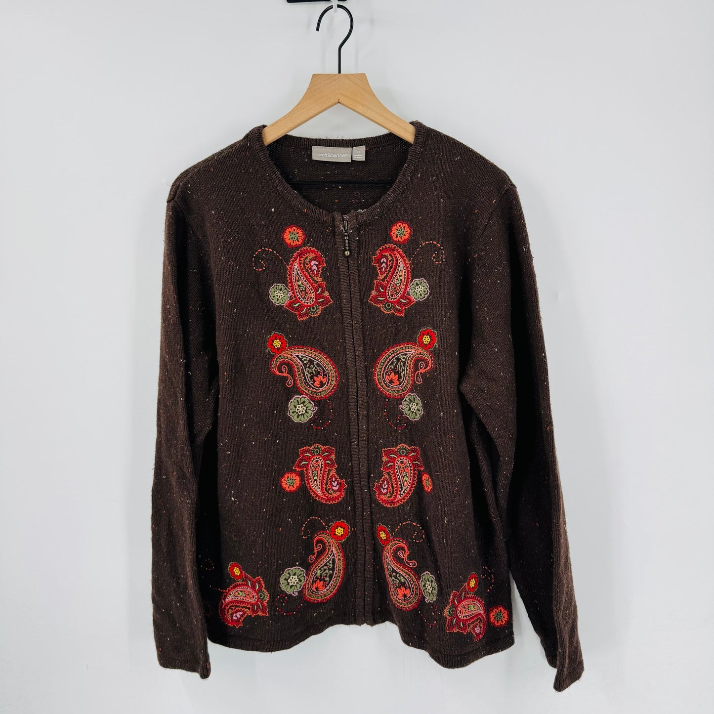Vintage Croft & Barrow Embroidered Paisley Zip Cardigan Brown Sweater Size XL
