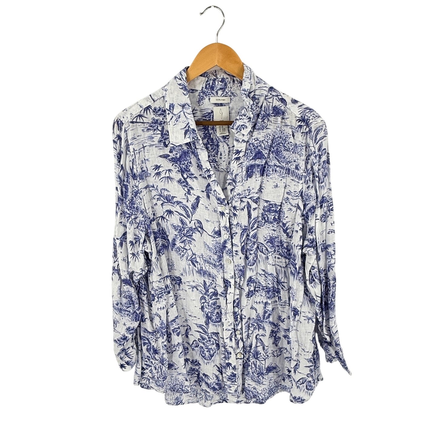 Joie 100% Linen Button Down Shirt Blue White Tropical Print 2X Coastal