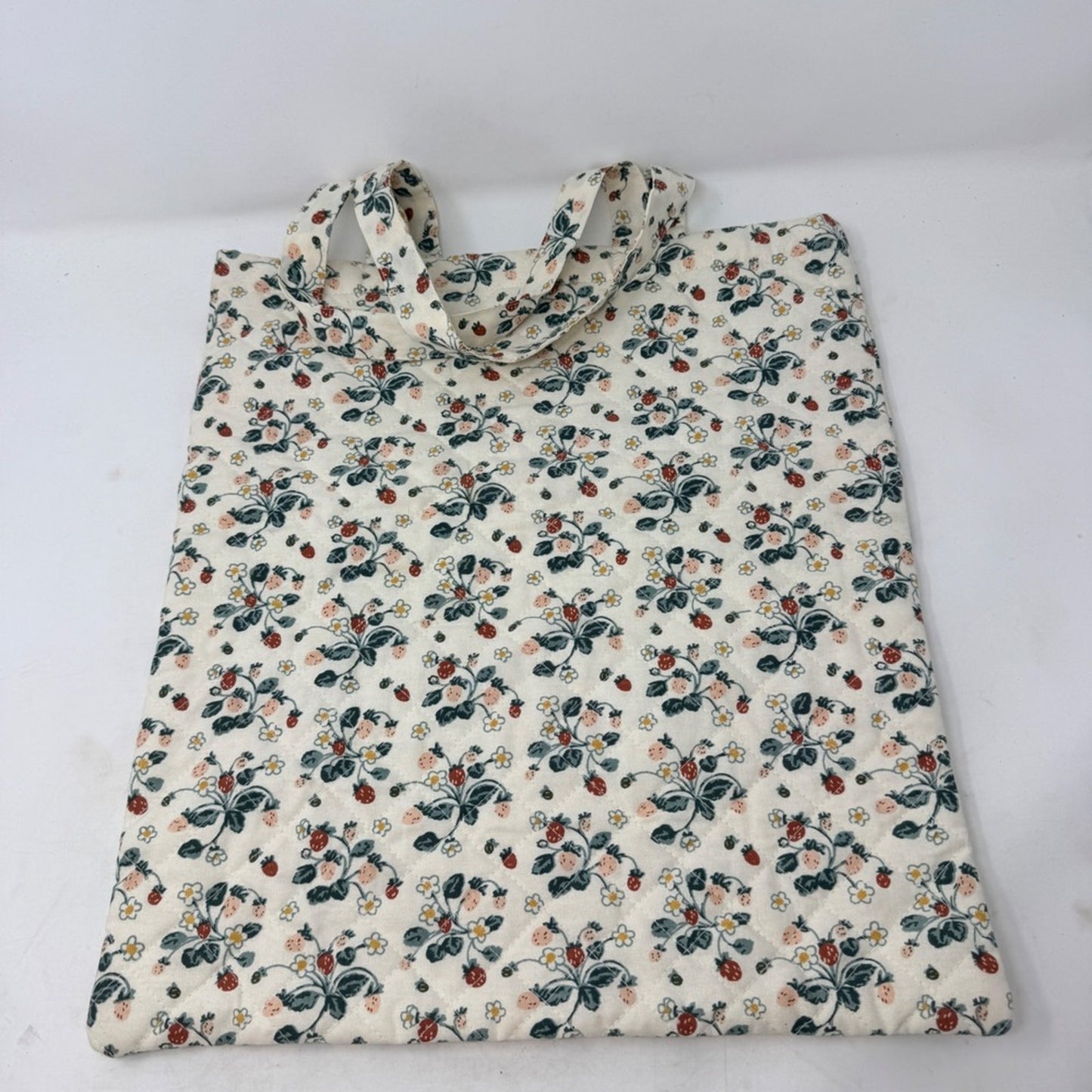Creative Co-op Strawberry Floral Quilted Cotton Tote Bag Cream Red Green