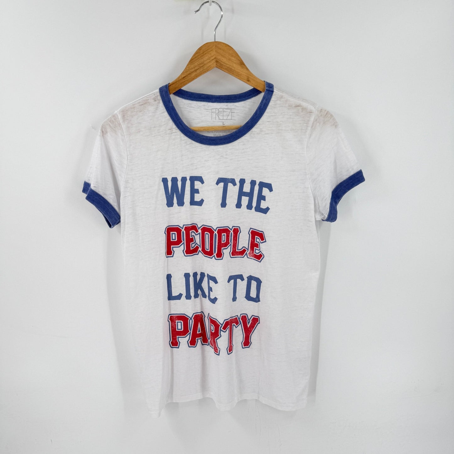 Freeze We The People Like To Party Ringer Tee White Blue Size Large Americana