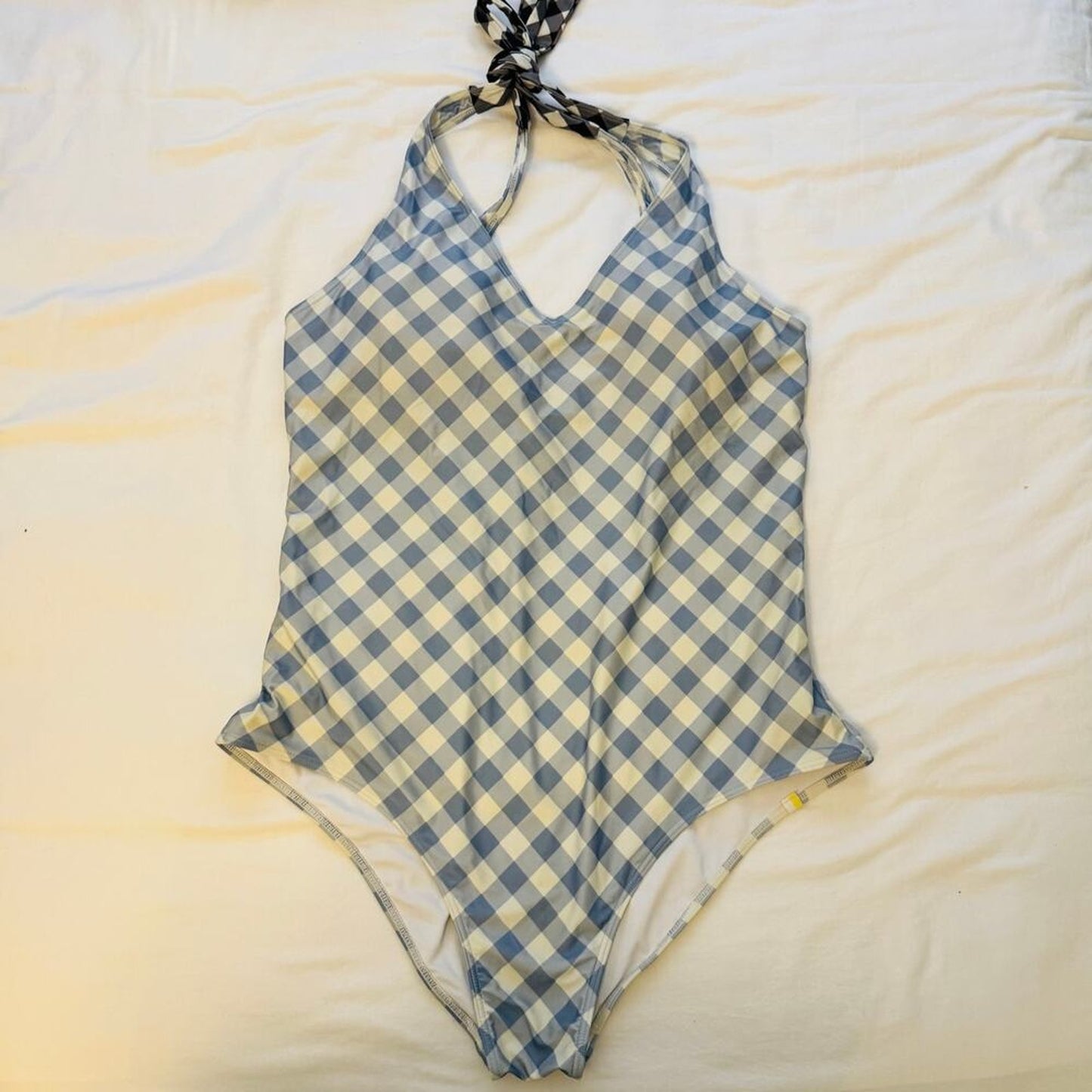 Summersalt Cream Blue Gingham Halter Tie Back One Piece Swimsuit Size 18
