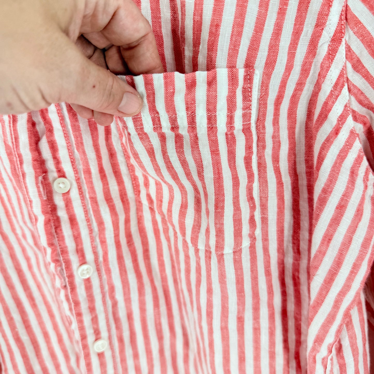 L.L. Bean Linen Button Down Shirt Pink Stripe Large Petite Coastal Summer