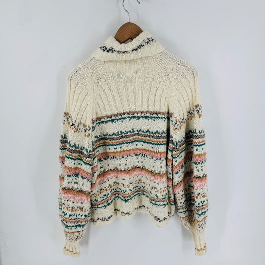 Pilcro Anthropologie Chunky Knit Fair Isle Turtleneck Cream Size L Cozy Cottage