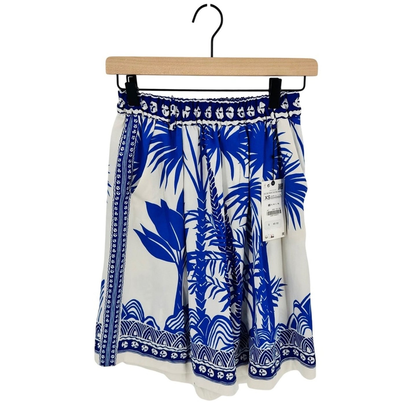 Zara Tropical Palm Print Shorts Blue White XS High Waist Coastal Resorwear NWT