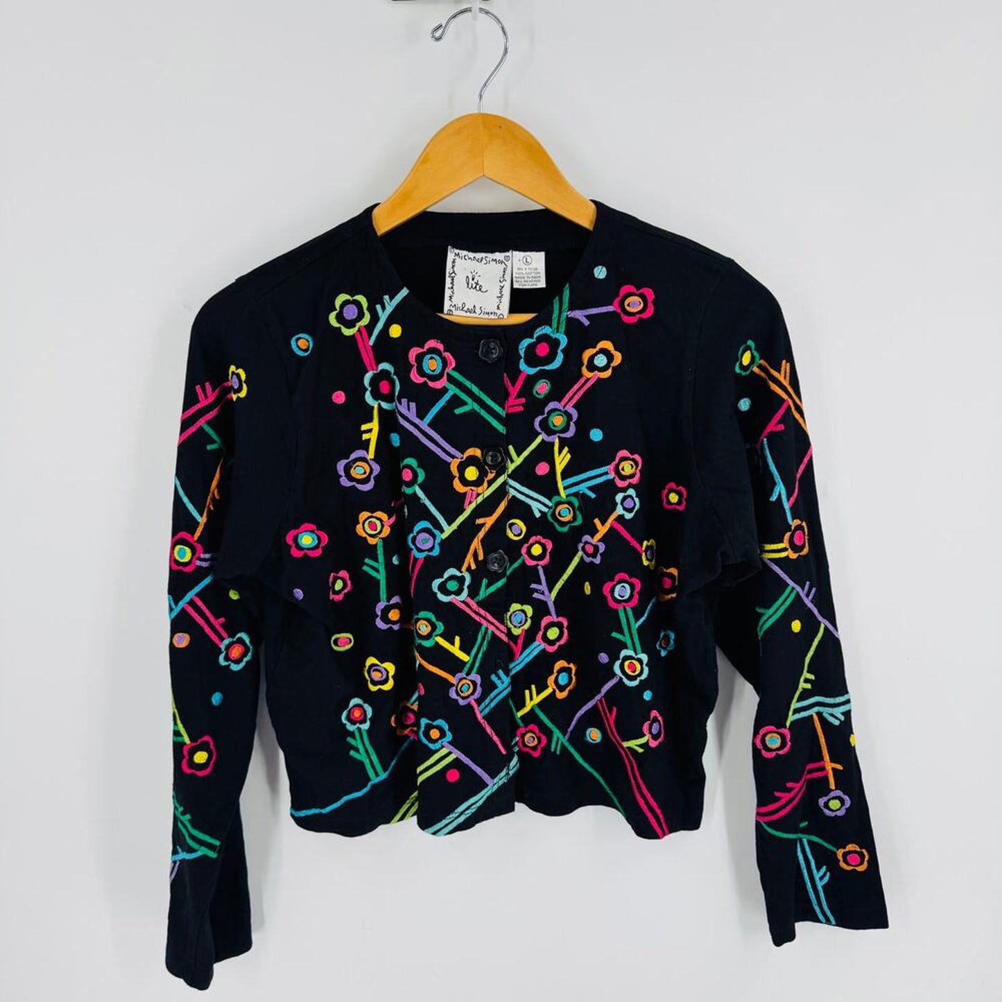 Michael Simon Lite Black Floral Embroidered Cardigan 100% Cotton L