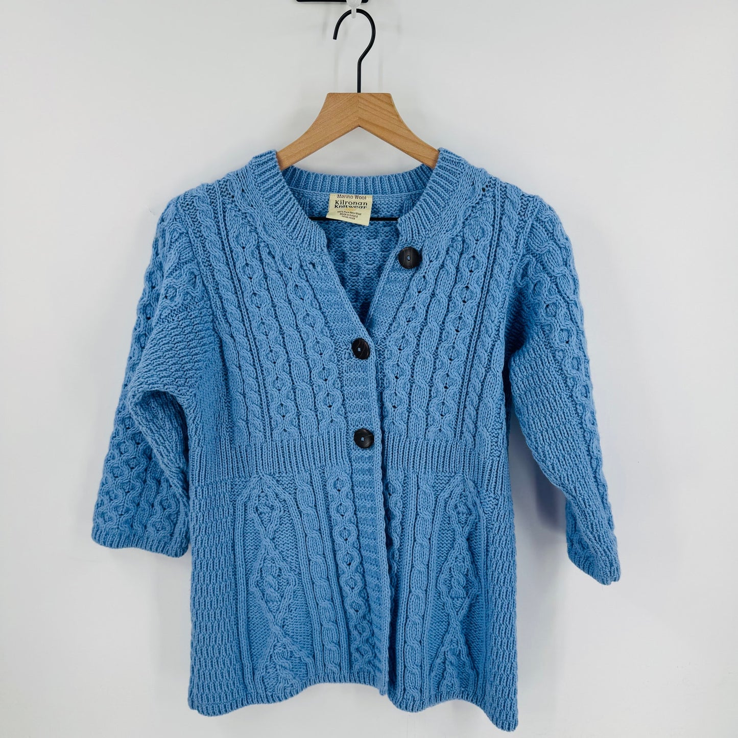Kilronan Knitwear Irish Merino Wool Blue Aran Cardigan Buttons Small Fisherman