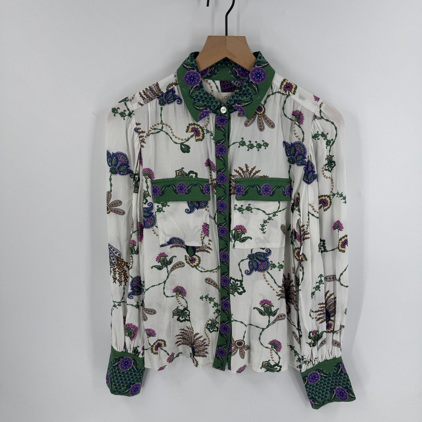 LOFT Floral Festival Artsy Button Front Blouse Green Purple Boho Top XS Peacock