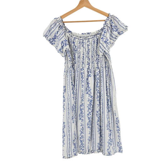 H&M Blue White Floral Smocked Dress XL Cottagecore Coastal Toile Puff Sleeve