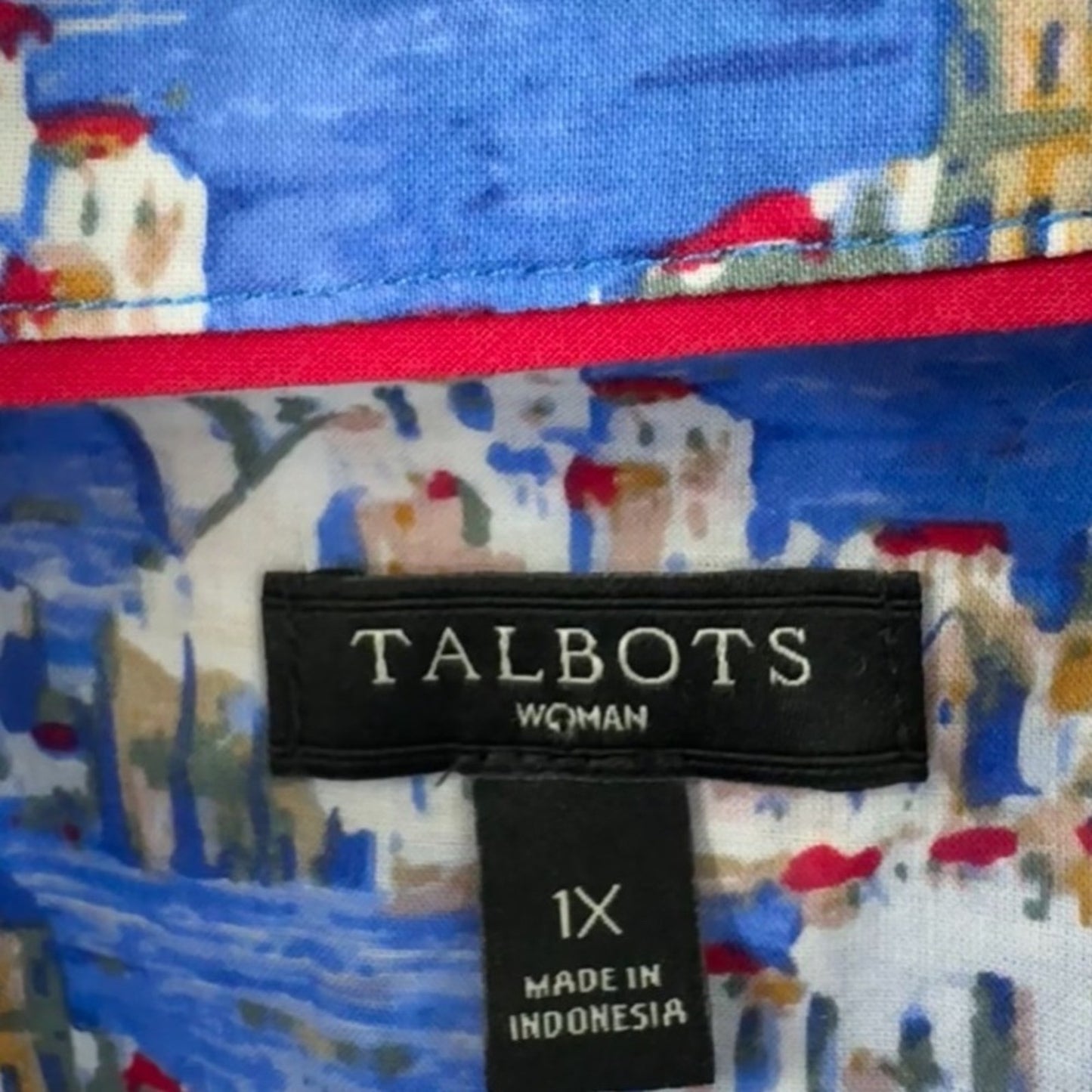 Talbots Blue Mediterranean Coastal Village Cotton Shirt Size 1X Architectural