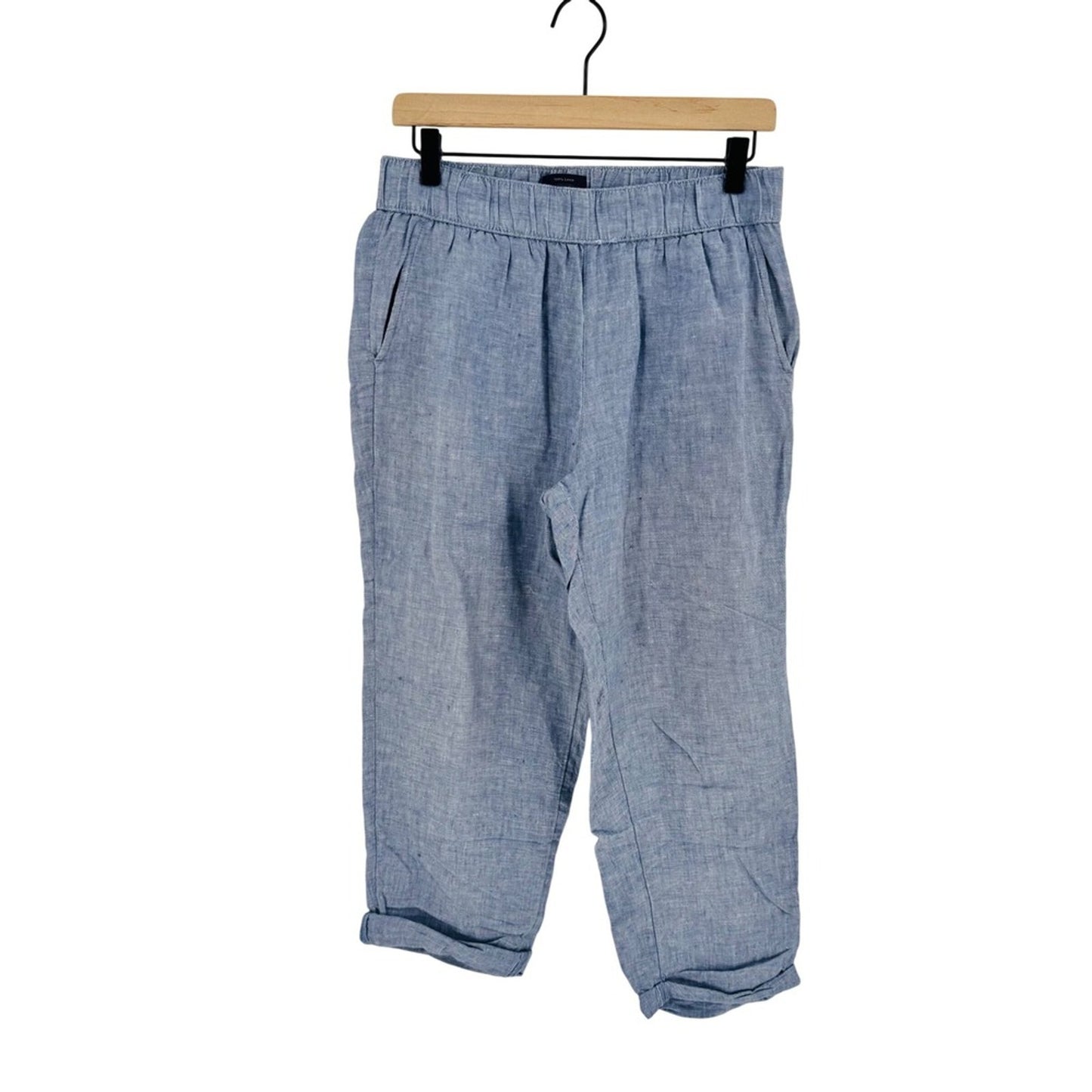 Rachel Roy Blue 100% Linen Pants Medium Elastic Waist Relaxed Summer Cropped