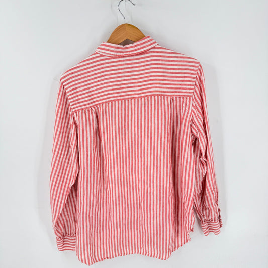 L.L. Bean Linen Button Down Shirt Pink Stripe Large Petite Coastal Summer