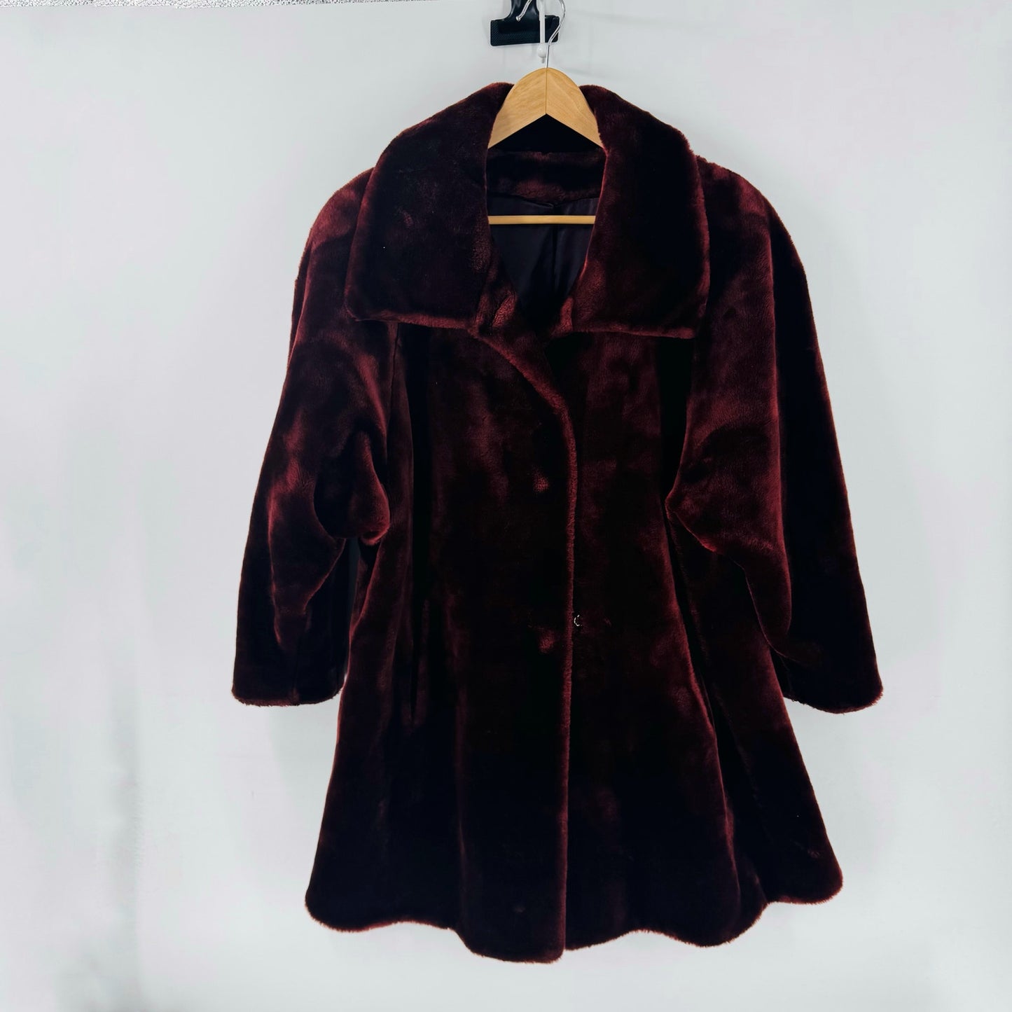 Vintage Foxrun Faux Fur Coat Made in USA Burgundy Plush Winter Jacket Size M
