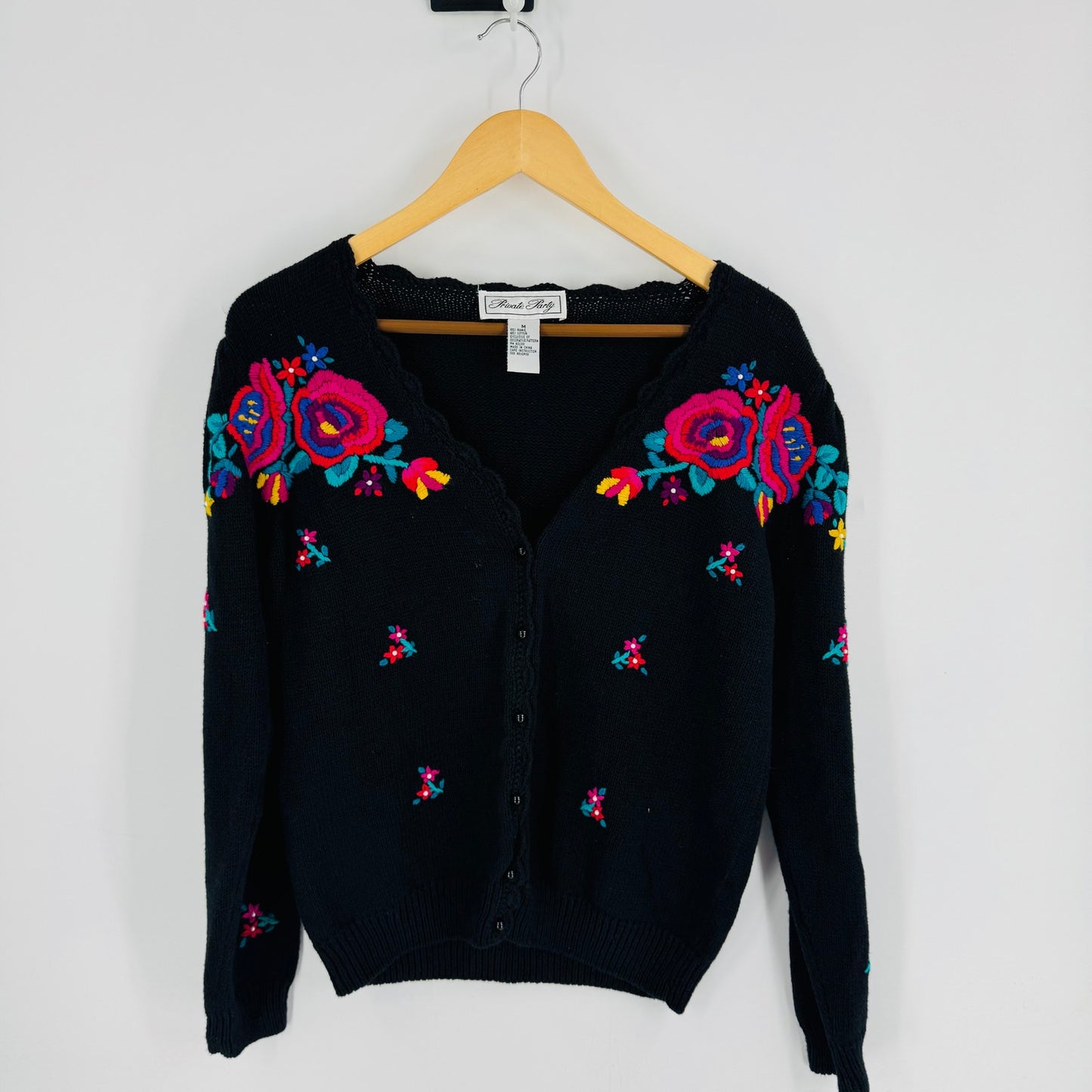 Private Party Vintage Black Embroidered Floral Cardigan Rame Cotton Knit M