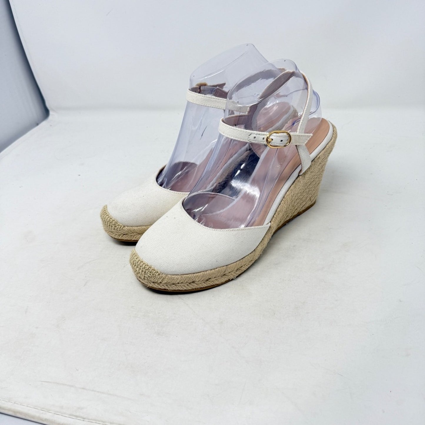Stuart Weitzman Canvas Espadrille Wedge Ankle Strap Sandals Ivory Heels Size 8