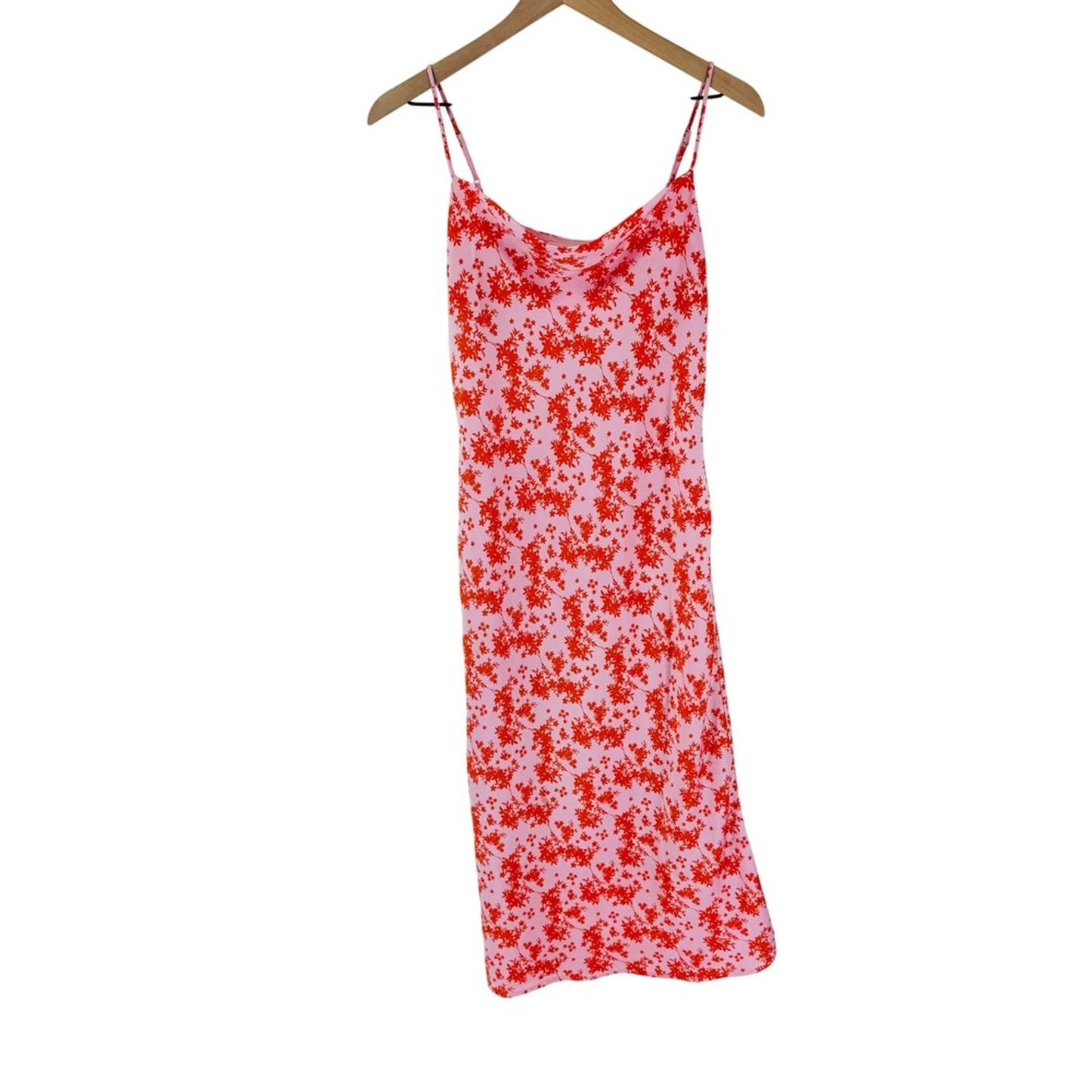 All In Favor Midi Dress Slip Cowl Neck Floral Pink Red Spaghetti Strap Size S