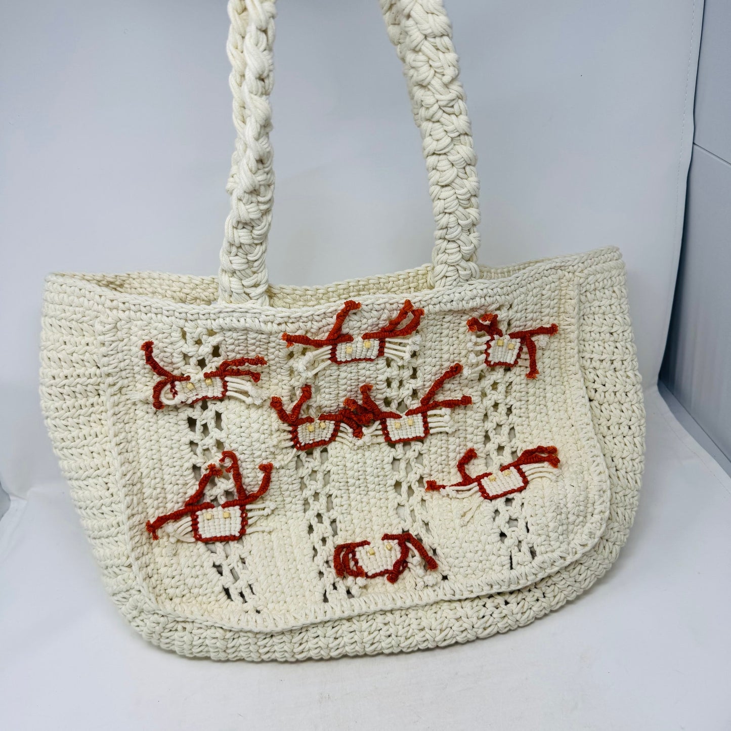Viral Crochet Crab Bag Cream 100% Cotton Knit Tote Purse Made in India