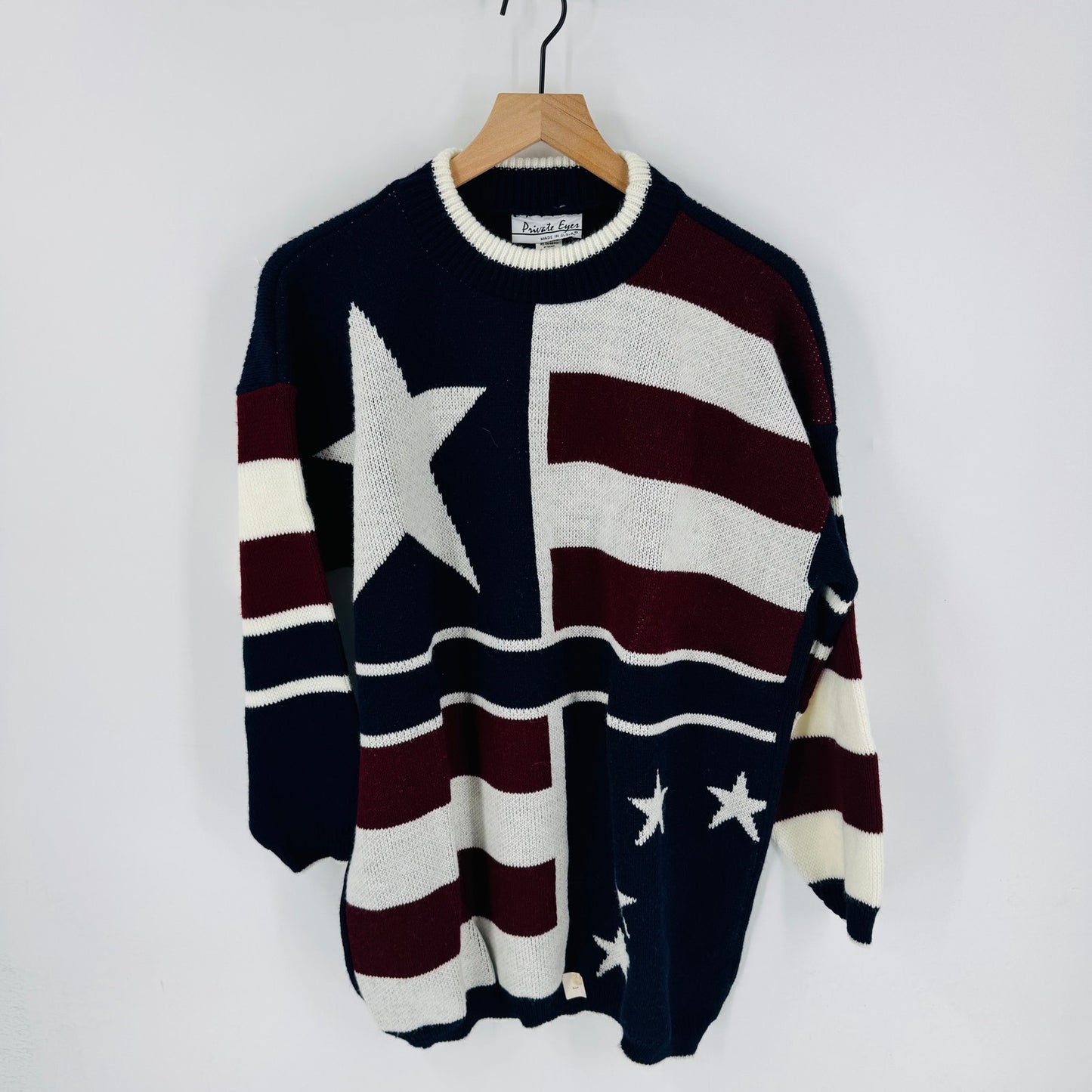 Vintage American Flag Star Stripe Knit Sweater Pullover Private Eyes Size L
