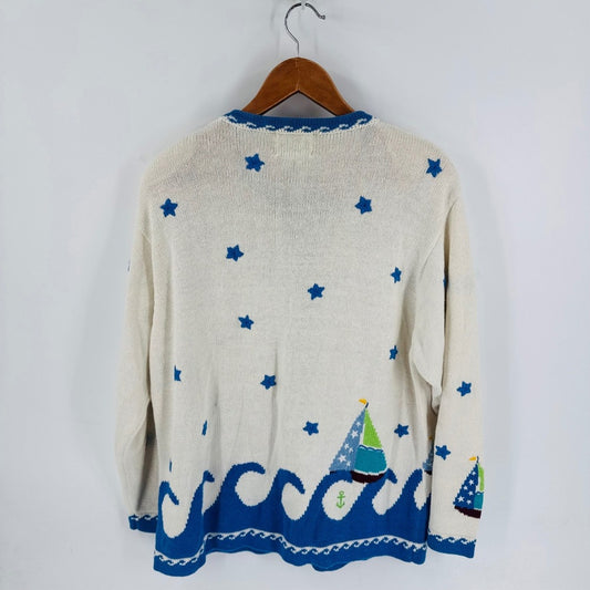 Vintage Sailboat Nautical Cardigan Sweater Novelty Whimsical Size 1X Coastal