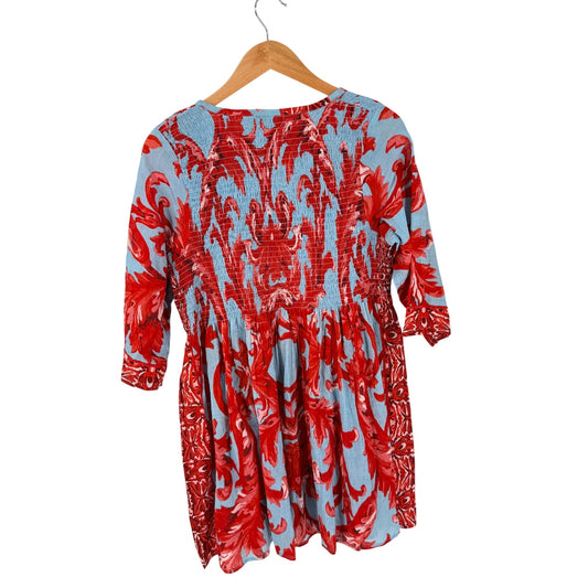 Antica Sartoria Cotton Beach Cover Up Red Blue One Size Smocked Tassel