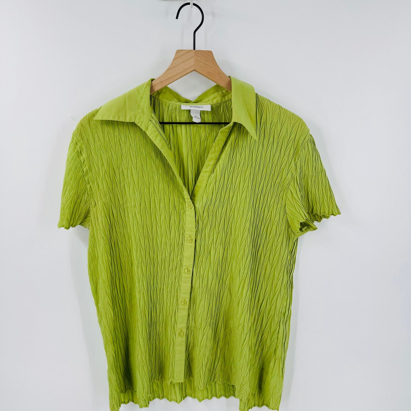 Vintage Dressbarn Green Crinkle Textured Short Sleeve Button Front Top XL
