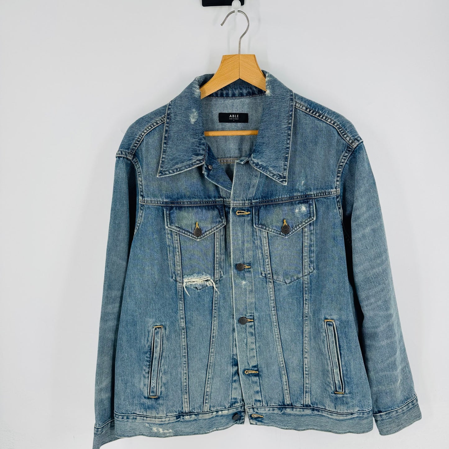 Able The Merly Jacket Distressed Denim Light Blue Wash Cotton Blend Size 1X