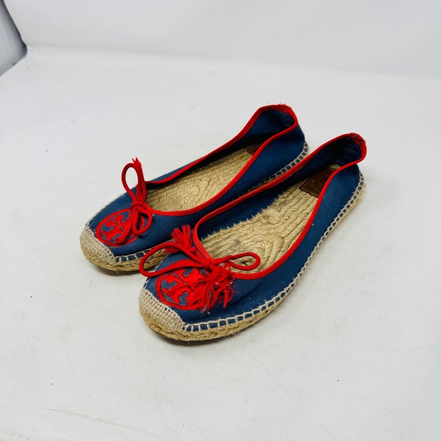 Tory Burch Canvas Espadrille Ballet Flats Bow Tassel Blue Red Slip On Size 8