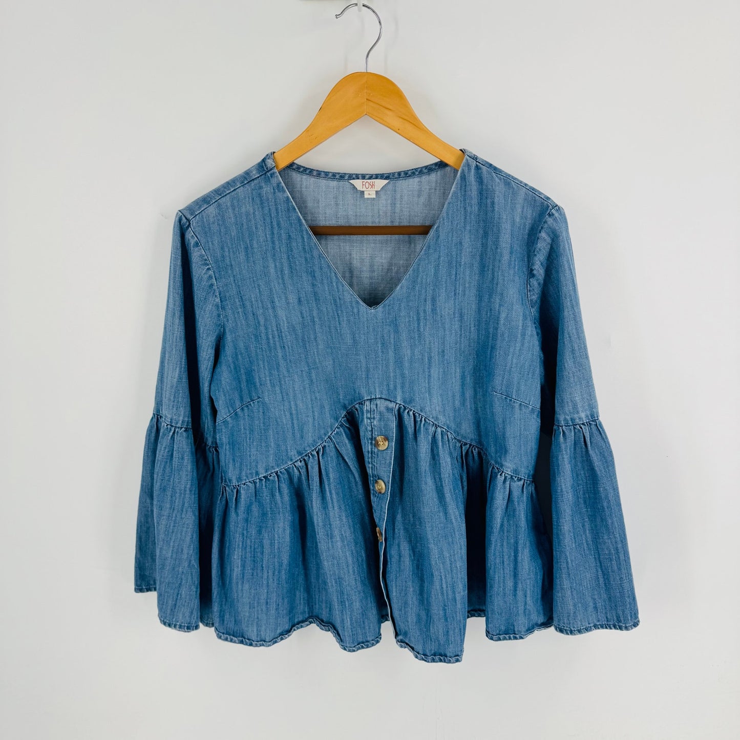 Boutique Fosh Chambray Peplum Blouse Long Bell Sleeve V-Neck Denim Top Size L