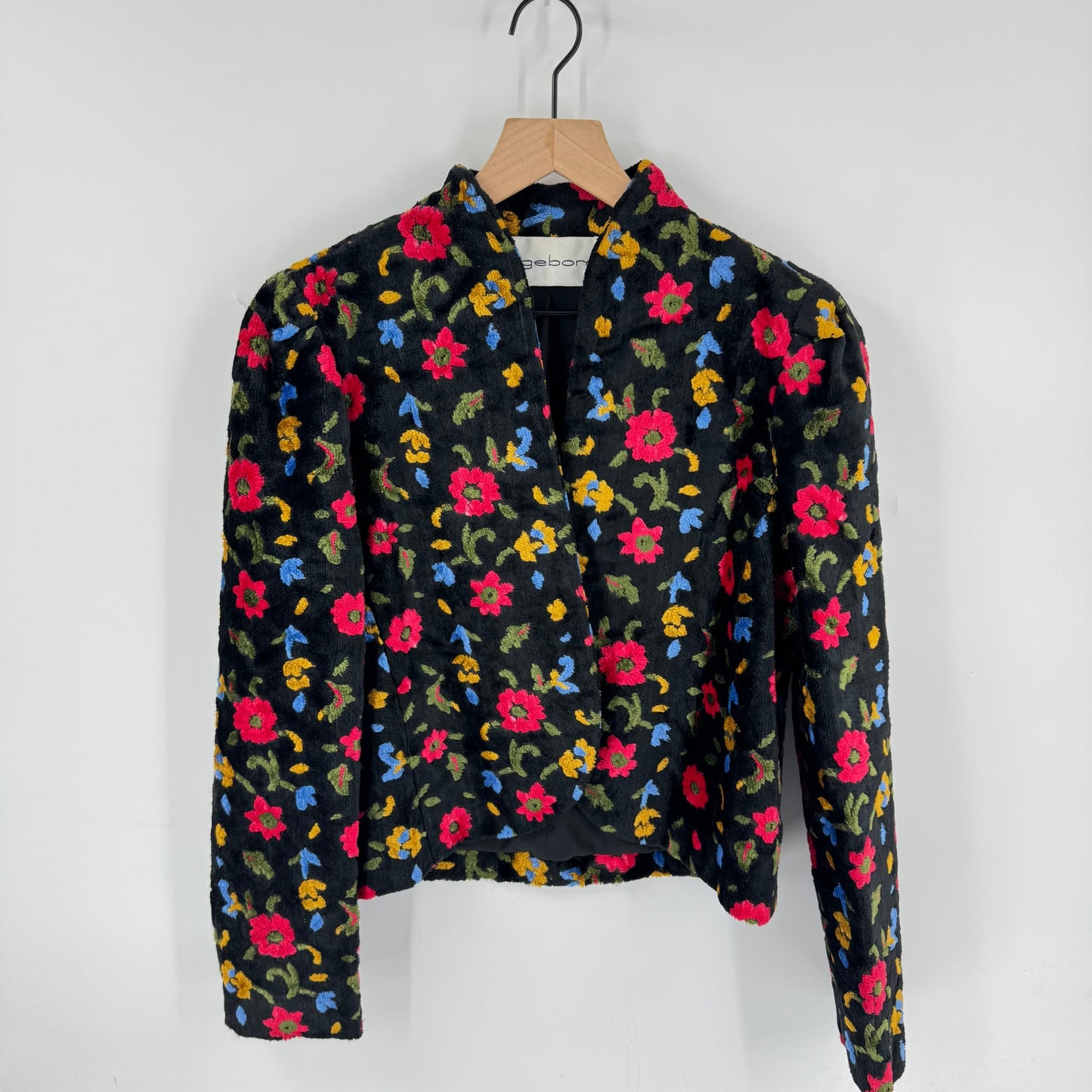 Vintage Ingeborg Black Floral Fuzzy Cropped Jacket Open Front Stand Collar