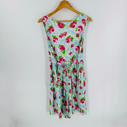 Vintage Express Bold Floral Romper Blue Pink Sleeveless Button Down Size 9/10