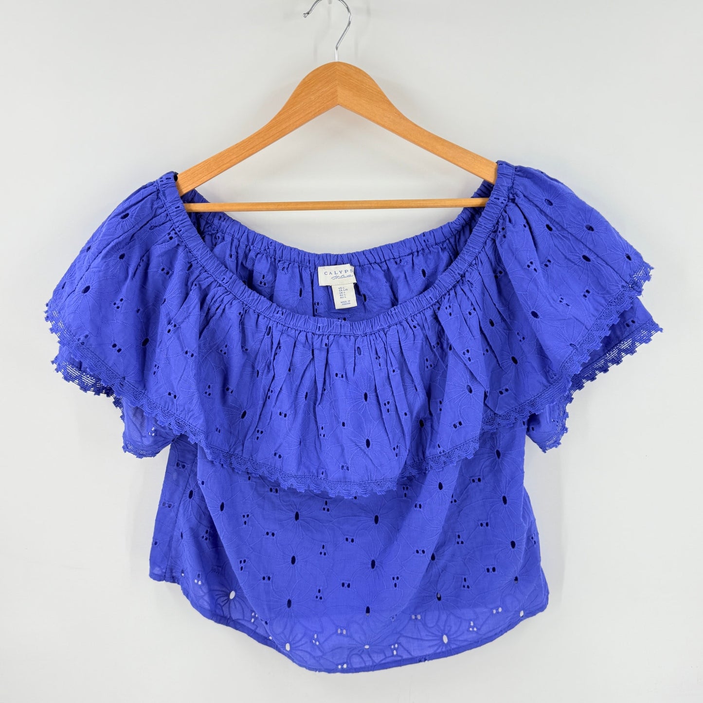 Calypso St. Barth Eyelet Off Shoulder Top Blue Size Large Boho Coastal