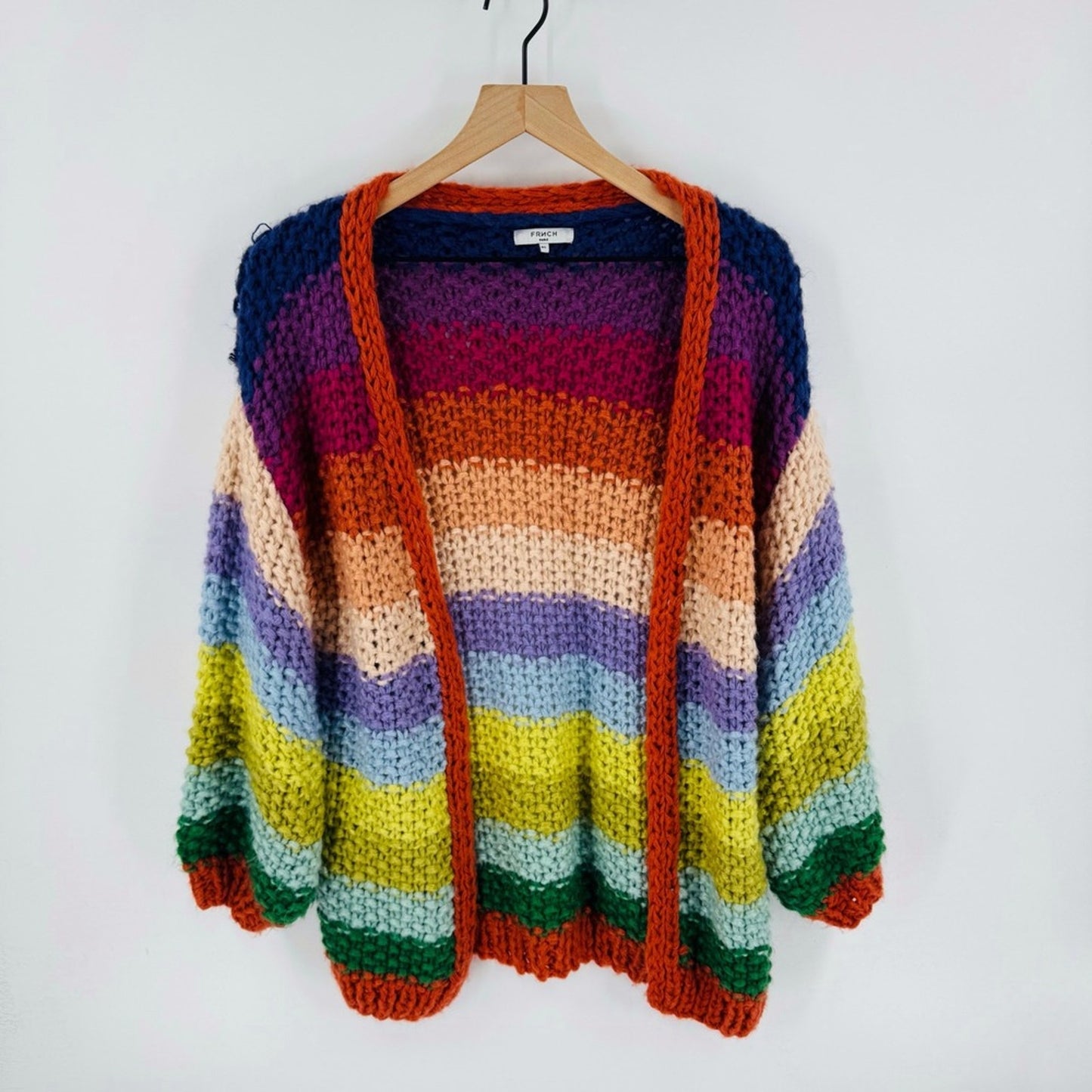 FRNCH PARIS Rainbow Stripe Chunky Knit Open Front Cardigan Sweater O/S