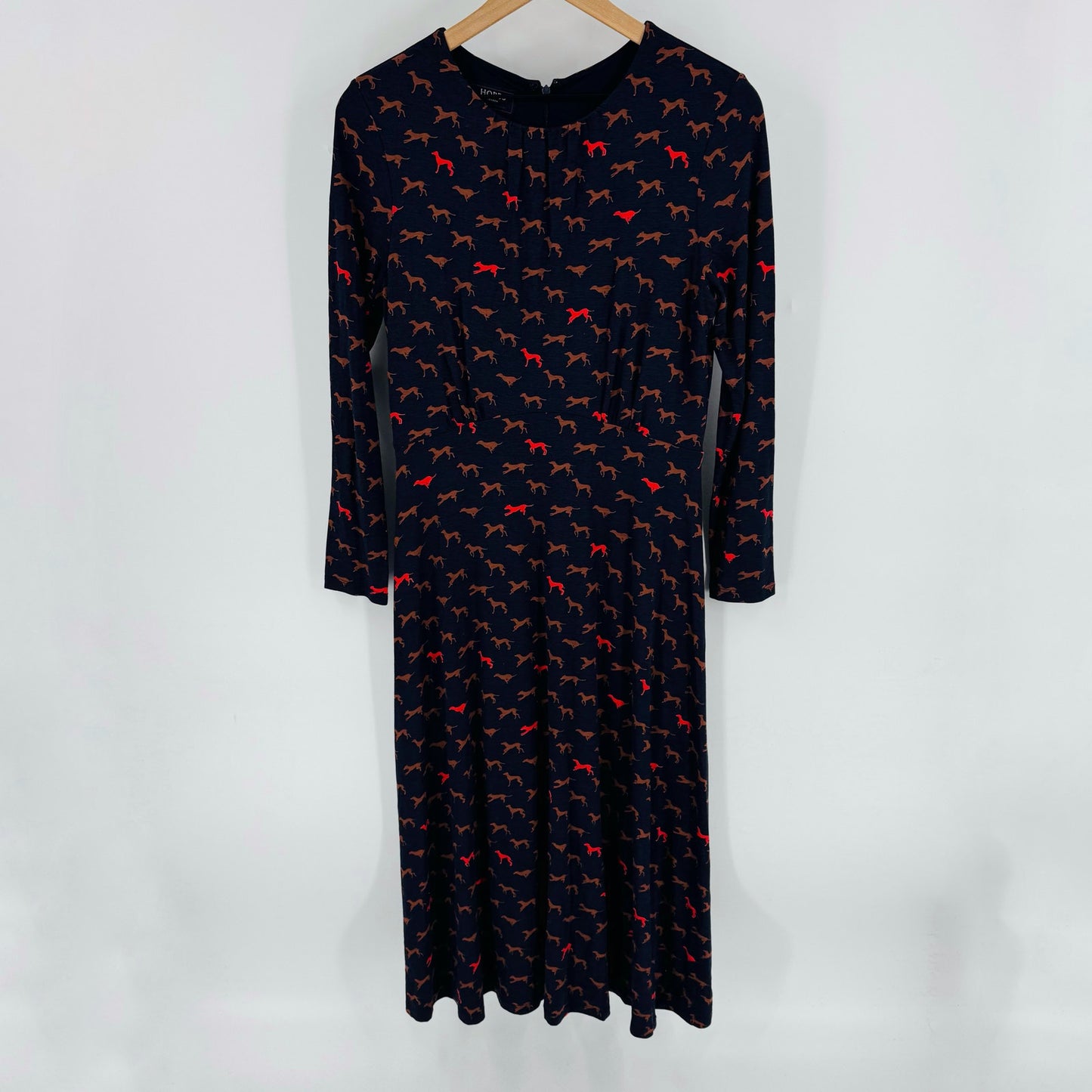 Hobbs London Sian Jersey Dress Dog Print Navy Blue Long Sleeve Casual Size 6