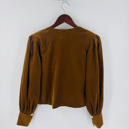 Karen Millen Mustard Brown Corduroy Wrap Puff Sleeve Top Size M Goblin Earthy
